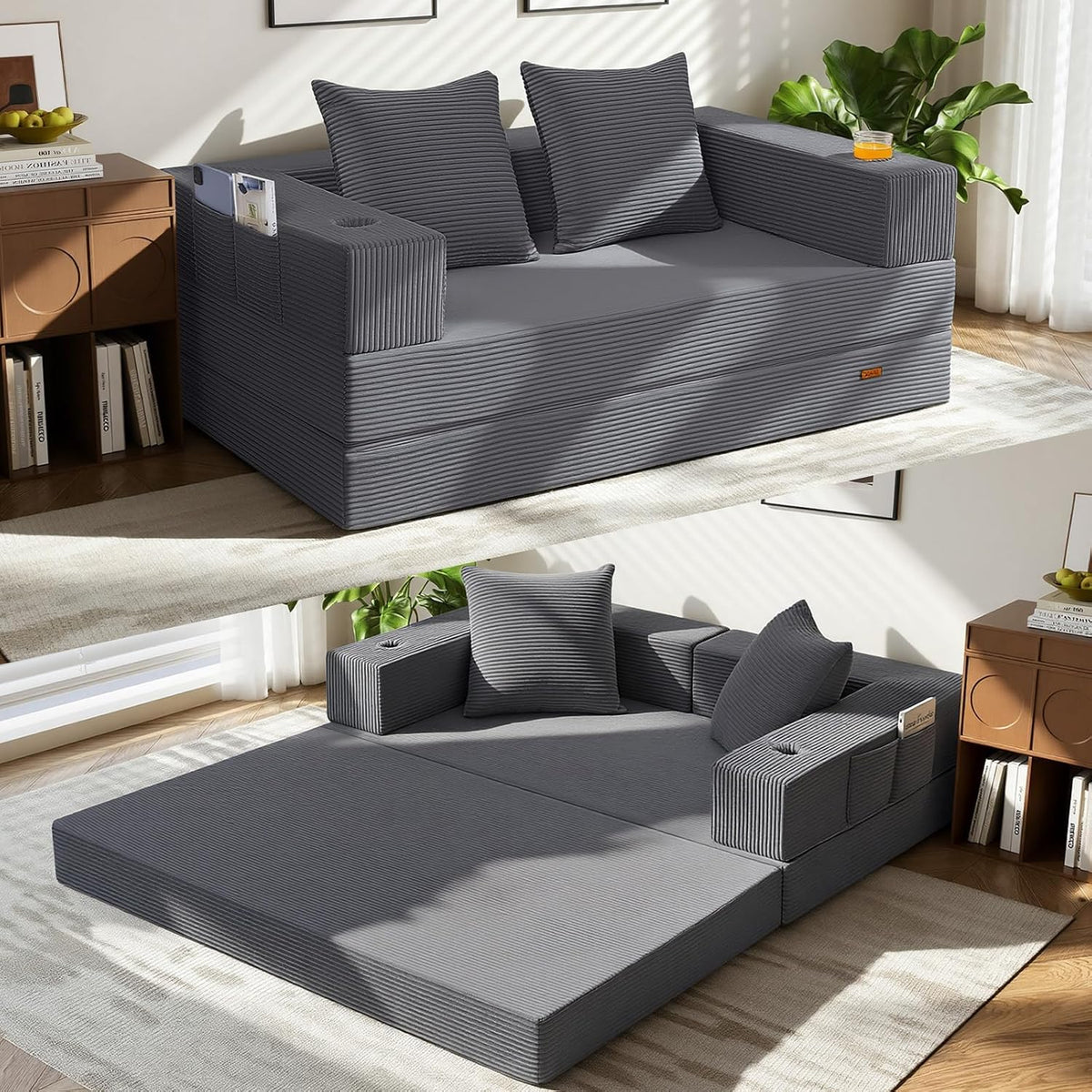 COMAX Futon Sofa Bed, Convertible Sofa Bed, Folding Couches | Low-Profile Small Couch for Living Room, 11.8" H Low Seat 59" Foldable Floor Sofa Lounge Space‑Saving