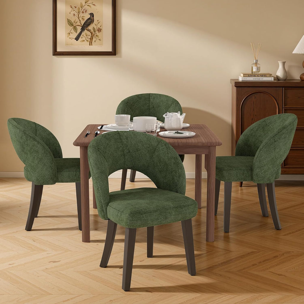Dining Chairs Set of 4, Mid Century Modern Dining Chairs with Solid Wood Legs, Curved Back Kitchen Chair Farmhouse Side Upholstered Chairs for Kitchen Dining Room, Green