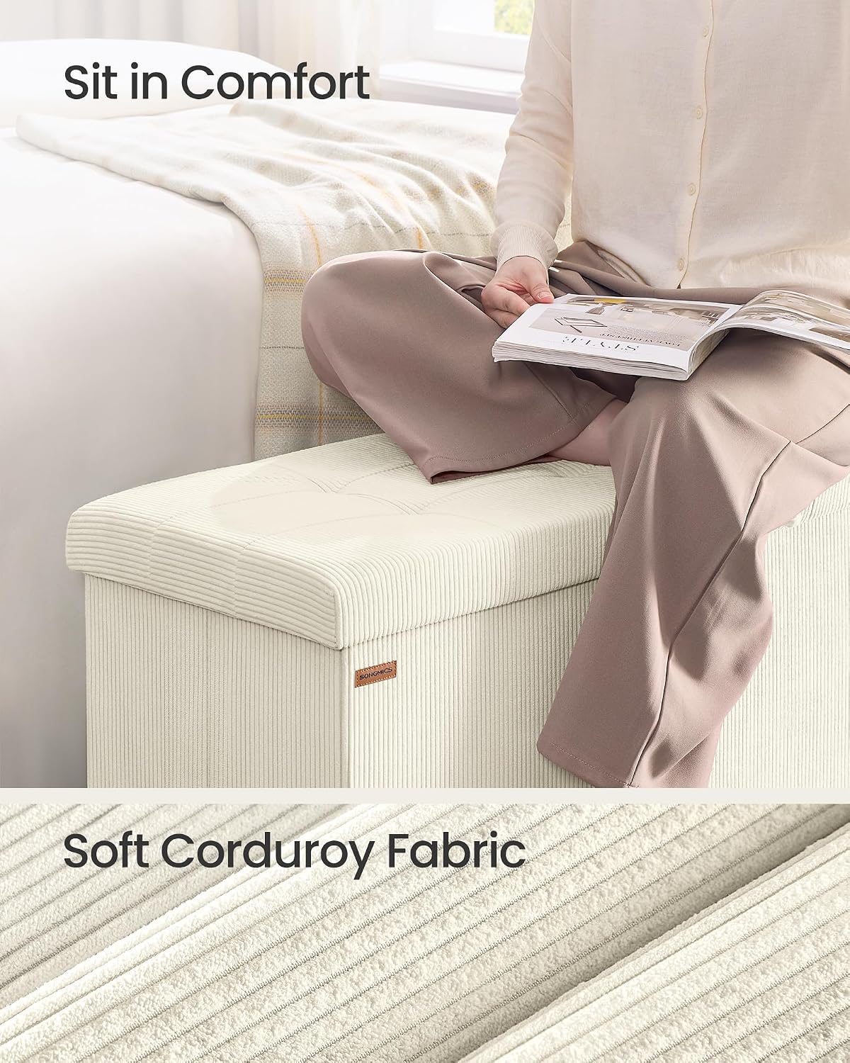 SONGMICS Ottoman Storage Bench, 43 Inch Foldable Foot Rest | Corduroy, for Entryway, Living Room, Bedroom, Cream White, MINOTA Collection ULSF604W01