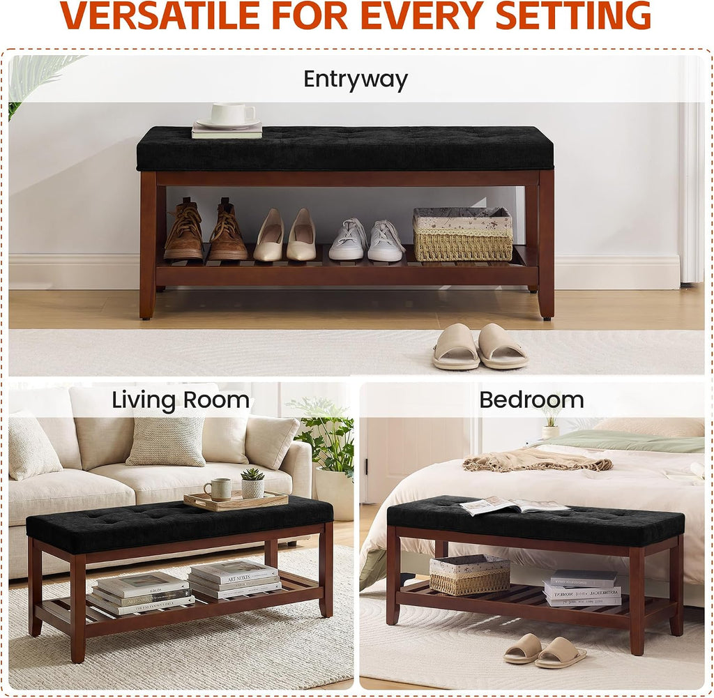 HUBSON 44" Entryway Shoe Bench, Upholstered End of Bed Bench with Solid Wood Shelf, Button Tufted Shoe Bench for Bedroom, Hallway, Living Room, Dark Grey
