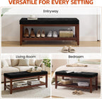 HUBSON 44" Entryway Shoe Bench, Upholstered End of Bed Bench with Solid Wood Shelf, Button Tufted Shoe Bench for Bedroom, Hallway, Living Room, Dark Grey