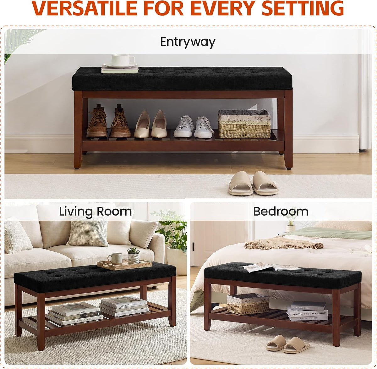 HUBSON 44" Entryway Shoe Bench, Upholstered End of Bed Bench with Solid Wood Shelf, Button Tufted Shoe Bench for Bedroom, Hallway, Living Room, Dark Grey