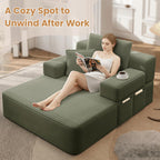 60.2 Inch Chaise Lounge Chair Indoor, Oversized Chaise Lounge with Adjustable Backrest and Armrests, Luxurious Corduroy Convertible Sofa Bed with Storage Pocket for Small Spaces, Apartment (Green)