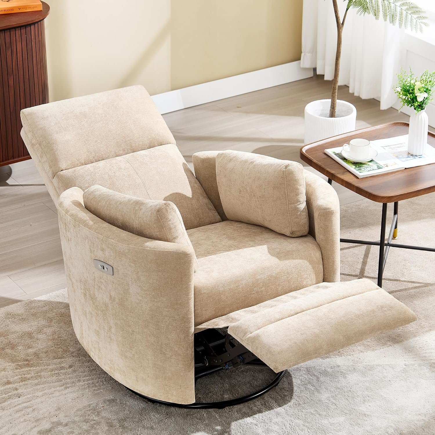 Power Recliner,Nursery Swivel Glider Rocking Chair with USB Port,Upholstered Adult Electric Recliner Rocking Chair with 2 Pillows for Living Room Bedroom (Khaki, Power-Driven)
