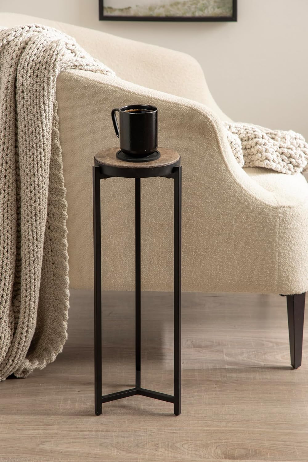 Kate and Laurel Aguilar Modern Round Drink Table, 9 x 9 x 23, Emperador Brown Marble and Black, Genuine Marble Accent Table for Use as Indoor Plant Stand or Pedestal Martini Table