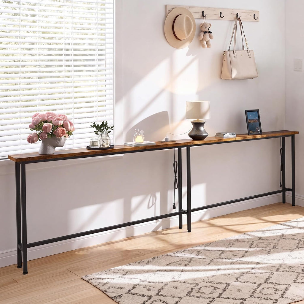 GRLEAF 102" Sofa Table with Built-in Power Strip (4 AC Outlets & 4 USB Ports) – 4.9ft Power Cord, Metal Frame, Easy Assembly, Long Couch Table Behind Sofa, Living Room and Home Office | Rustic Brown