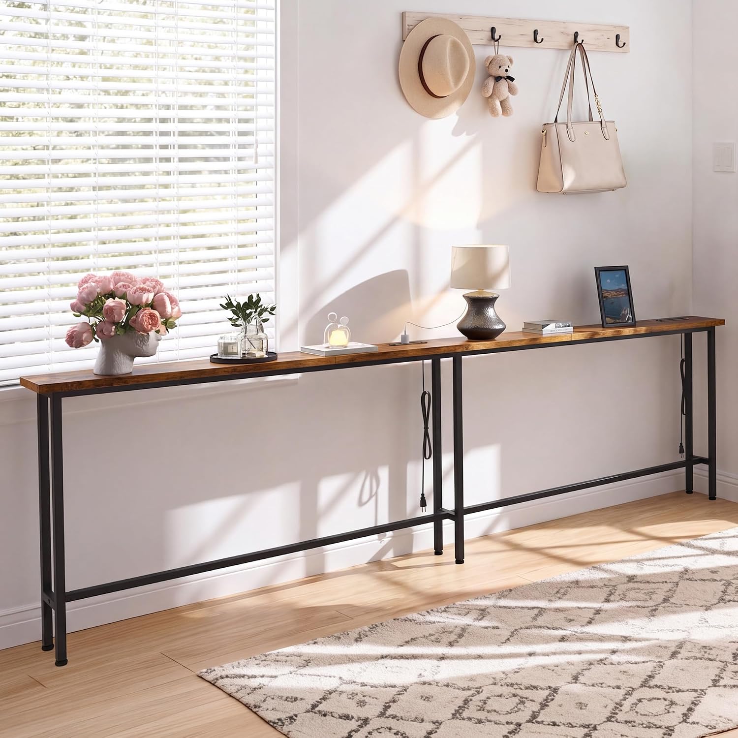 GRLEAF 102" Sofa Table with Built-in Power Strip (4 AC Outlets & 4 USB Ports) – 4.9ft Power Cord, Metal Frame, Easy Assembly, Long Couch Table Behind Sofa, Living Room and Home Office | Rustic Brown