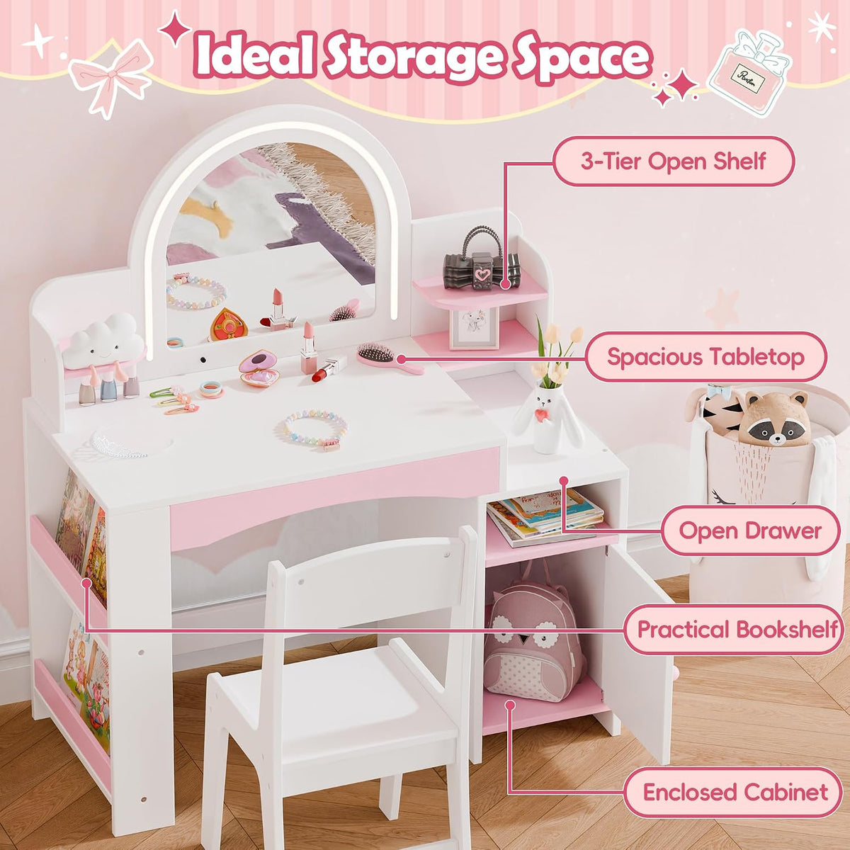 MU Kids Vanity with Lights, Girls Vanity Table and Chair Set with Lighted Mirror, Storage Cabinet, Bookshelf & Shelves, Toddler Makeup Vanity Set for Little Girls, White