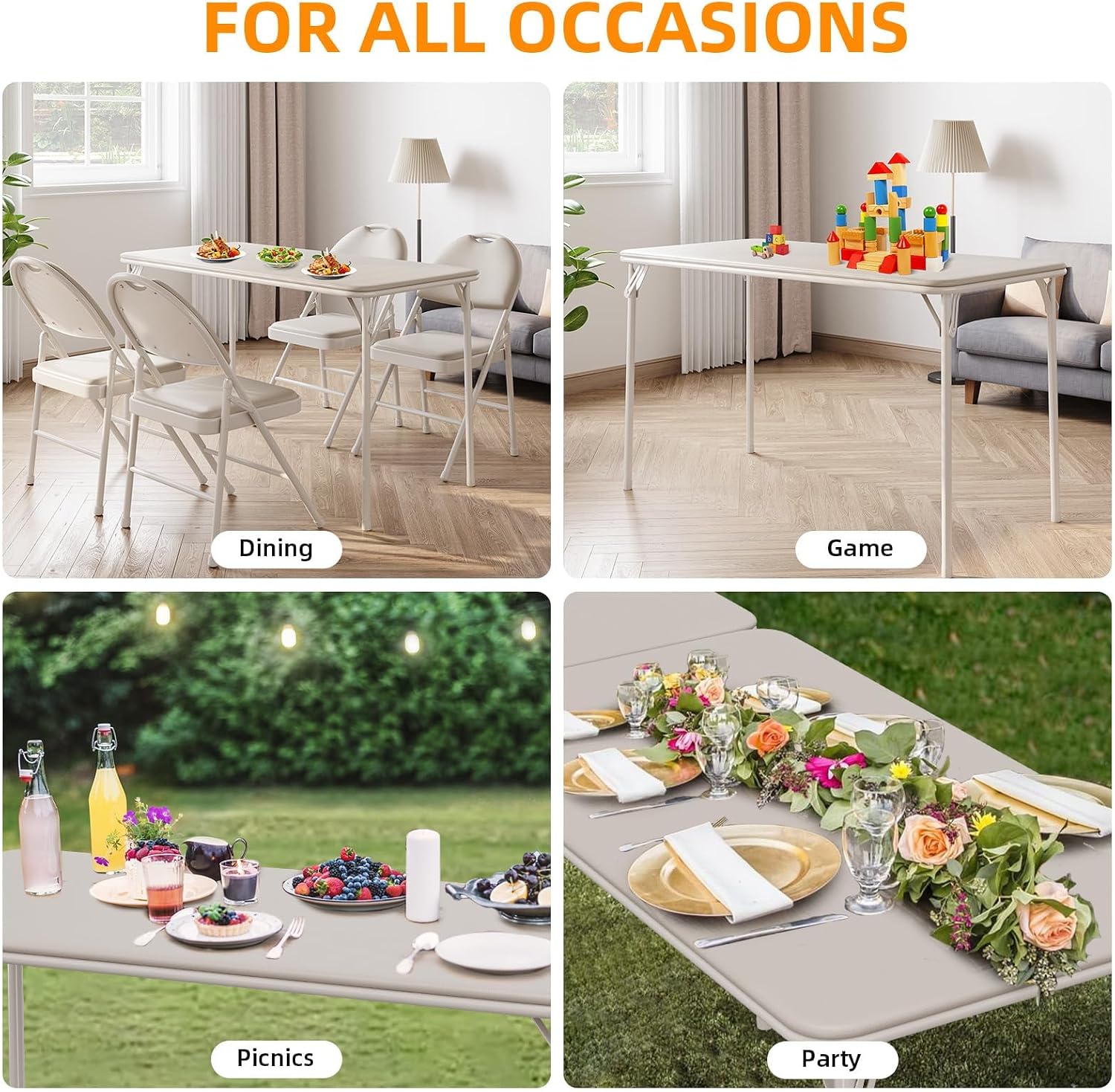 GAOMON Folding Table 4 Foot with Upholstered PU Leather Tabletop, Heavy Duty Metal Legs, Collapsible Design & Shelf Bracket, No Assembly Required, Indoor Outdoor Use, Beige