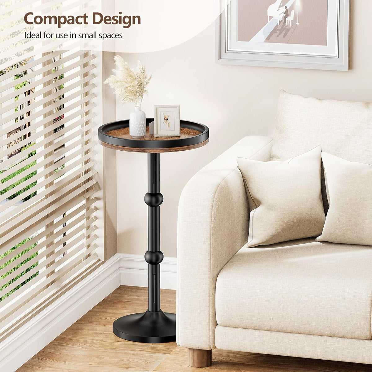 Small Round Side Table, Drink Table for Small Spaces, Modern Cocktail Table with Metal Leg, Weighted Iron Base Pedestal Round End Tables for Living Room, Bedroom, Couch