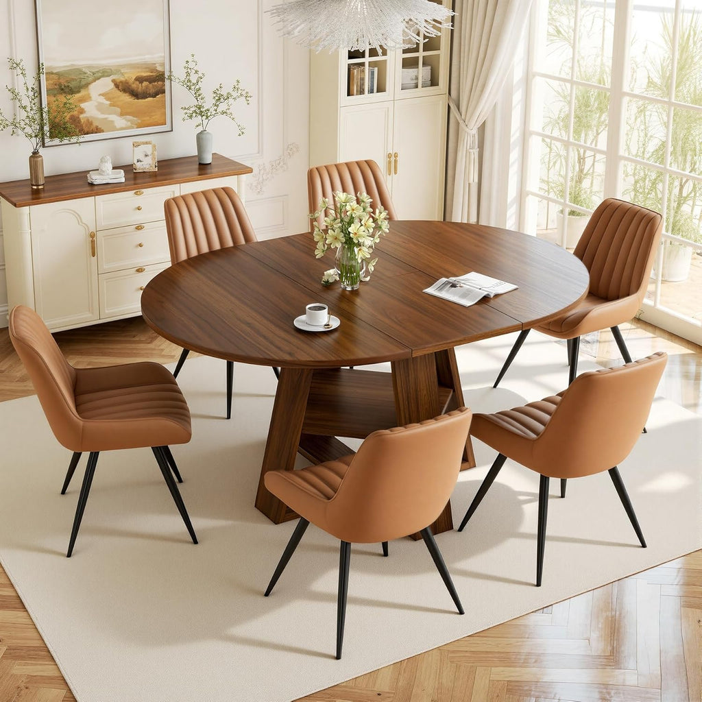 Extendable Round Dining Table Set for 4-6, 5-Piece Oval Kitchen Table with Hidden Storage, Wooden Dining Table Set with Upholstered Chairs for Small Spaces, Apartment