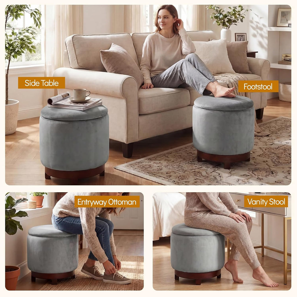 Giantex Round Ottoman with Storage, 360° Swivel Velvet Vanity Stool with Removable Lid, Wood Frame & Legs, Ottoman Foot Rest for Living Room, Bedroom, Makeup Room No Assembly (Gray & Walnut)