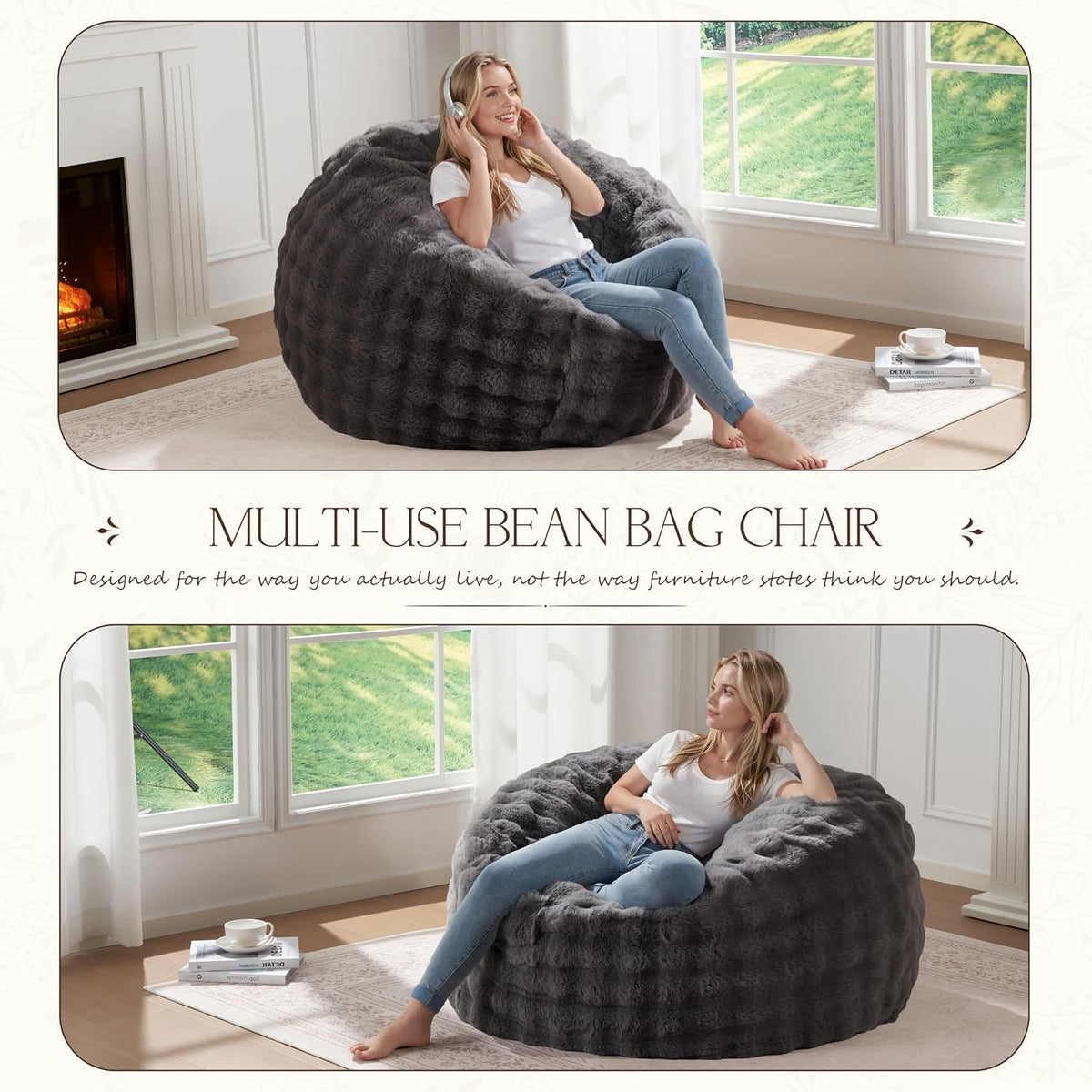 ZurNesfure Bean Bag Chair 3FT Adult Bean Bag with Filler Darkgrey, Medium | Giant Bean Bag Chair, with Handle, Side Pocket&Machine Washable Cover, Large Bean Bag Chair for Adults Home Dorm Bedroom
