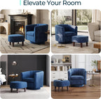 LINSY Large Swivel Accent Chair with Ottoman, Velvet Barrel Chair with Footrest, Modern Upholstered Comfy Reading Chair Armchair for Living Room, Bedroom, Study Room, Office, Blue