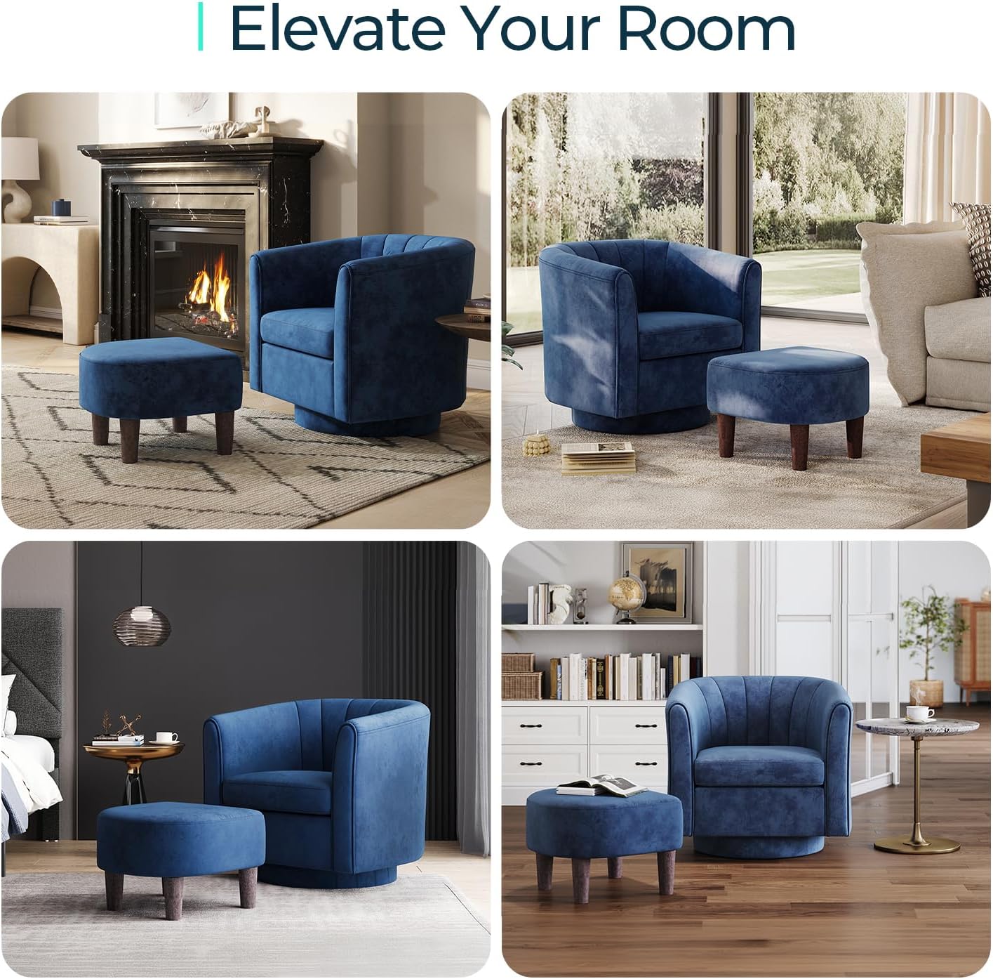 LINSY Large Swivel Accent Chair with Ottoman, Velvet Barrel Chair with Footrest, Modern Upholstered Comfy Reading Chair Armchair for Living Room, Bedroom, Study Room, Office, Blue