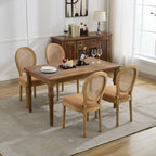 Vintage French Rattan Dining Chairs Set of 4, Round Back Accent Chairs with Rattan Backrest and Upholstered Linen Seat, Solid Wood Frame Sillas de Comedor for Dining Room & Kitchen, Camel