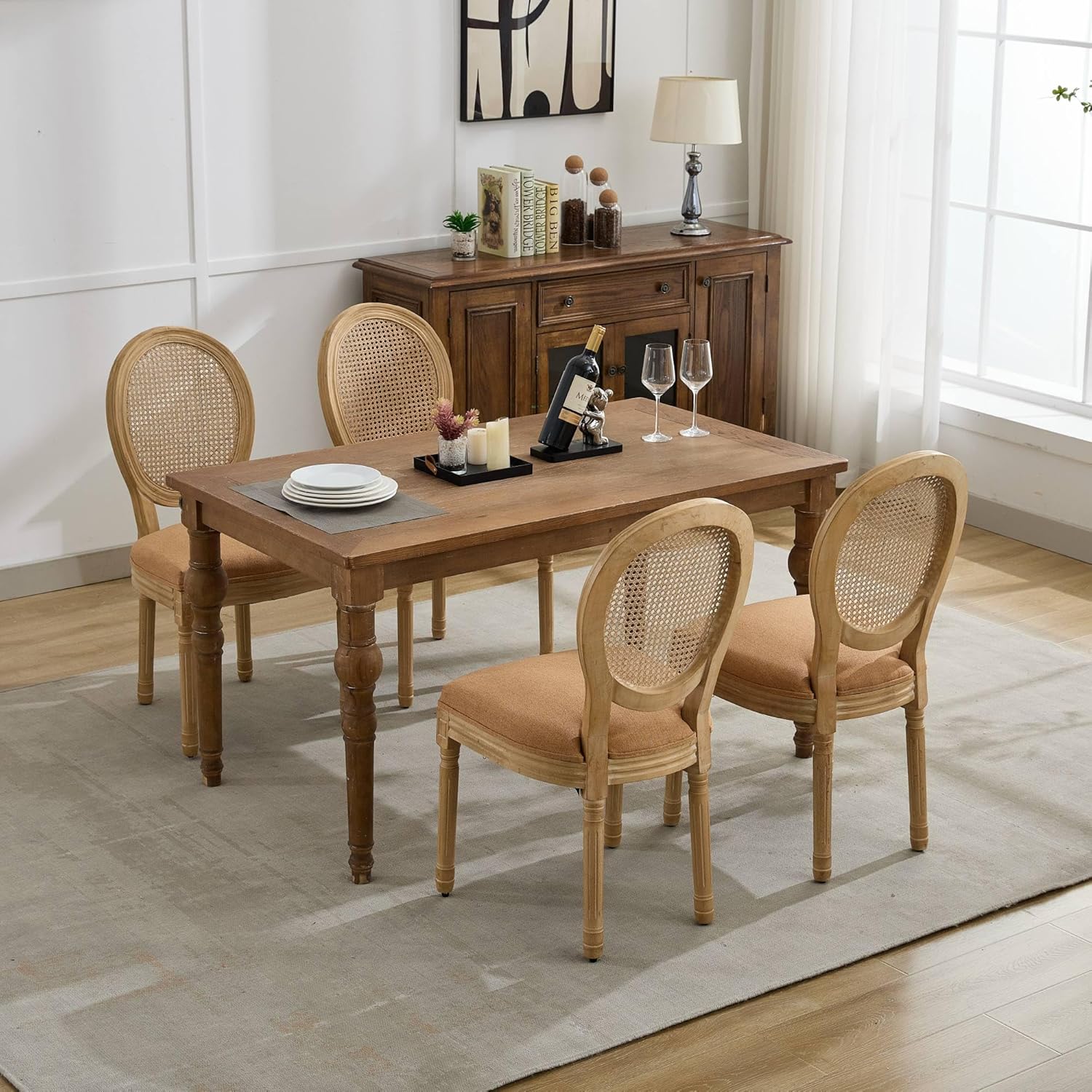 Vintage French Rattan Dining Chairs Set of 4, Round Back Accent Chairs with Rattan Backrest and Upholstered Linen Seat, Solid Wood Frame Sillas de Comedor for Dining Room & Kitchen, Camel