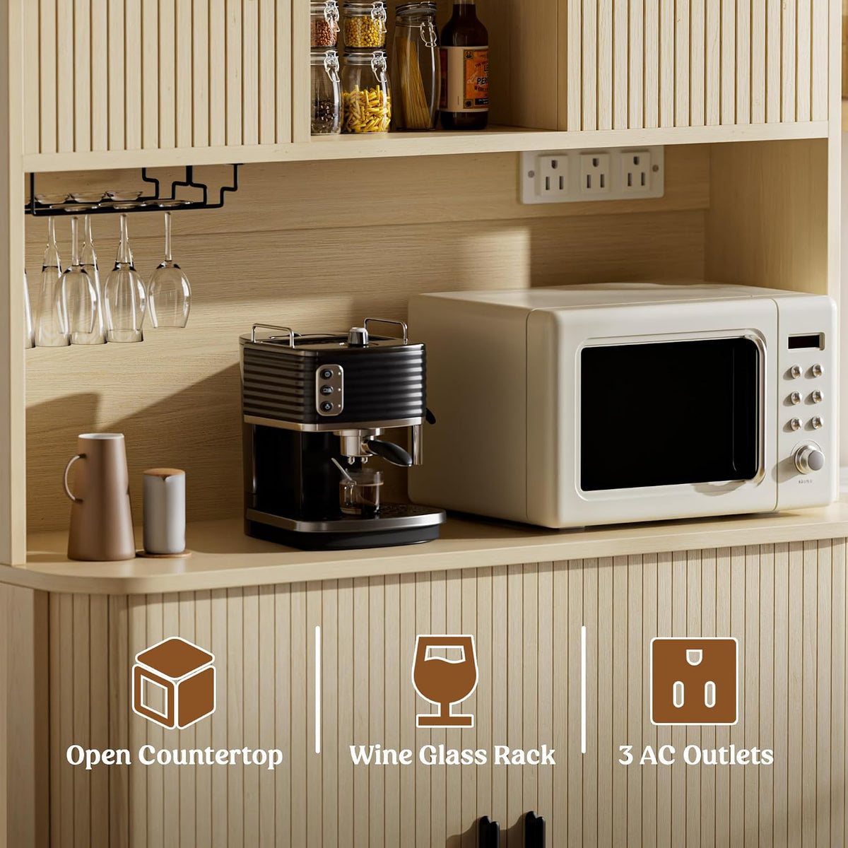 Lulive 71" Tall Pantry Cabinet with Rolling & Sliding Doors, 39" Wide Kitchen Storage Cabinet with Charging Station and Open Countertop, Modern Kitchen Pantry Cabinet for Dining Room, Natrual