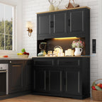 71" Tall 47" Wide Large Pantry Storage Cabinet w/ Power Outlet,LED Light,Farmhouse Kitchen Hutch Food Pantry Cabinet,2 Drawer,8 Doors Shelves,Open Countertop for Kitchens,Dining Room,Black