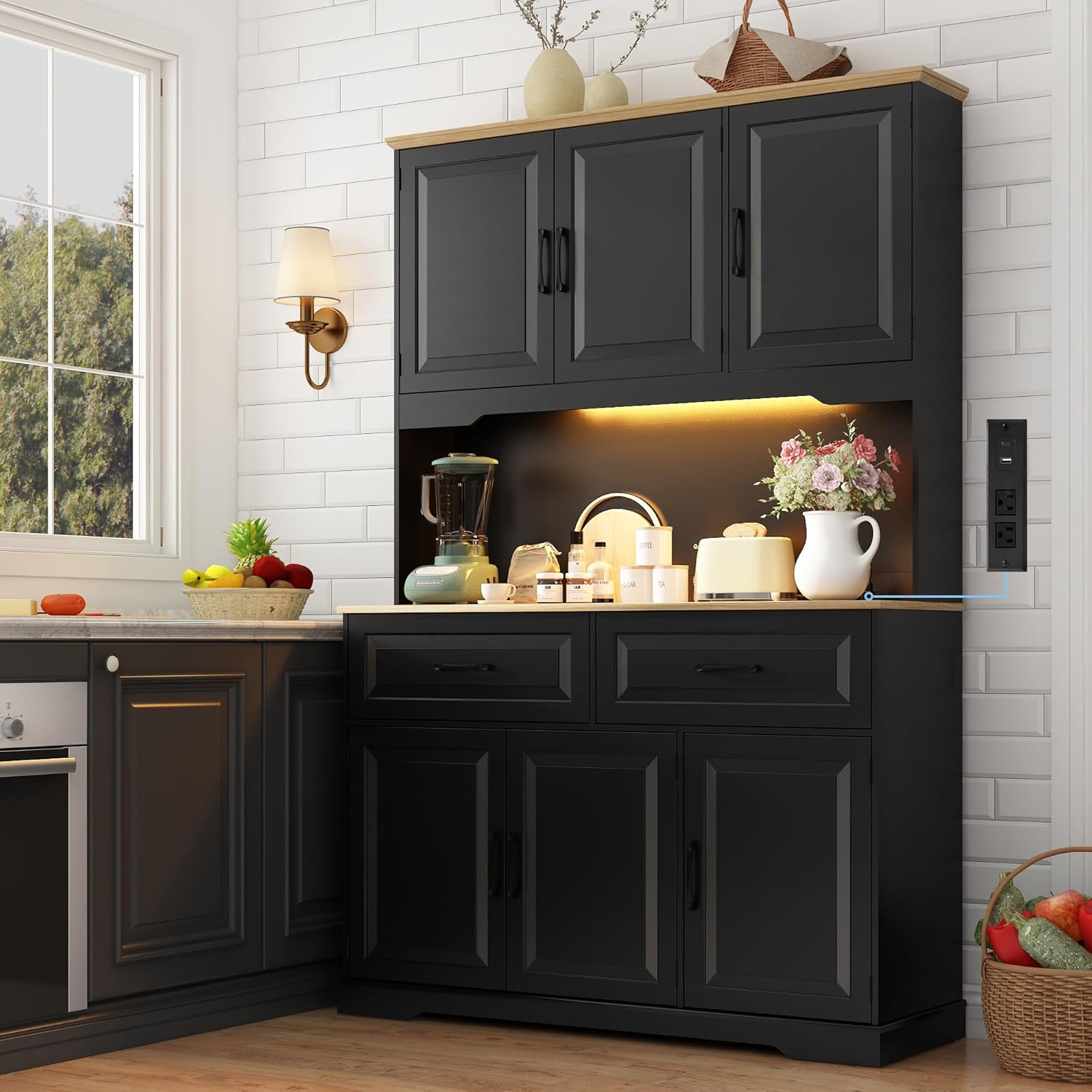 71" Tall 47" Wide Large Pantry Storage Cabinet w/ Power Outlet,LED Light,Farmhouse Kitchen Hutch Food Pantry Cabinet,2 Drawer,8 Doors Shelves,Open Countertop for Kitchens,Dining Room,Black
