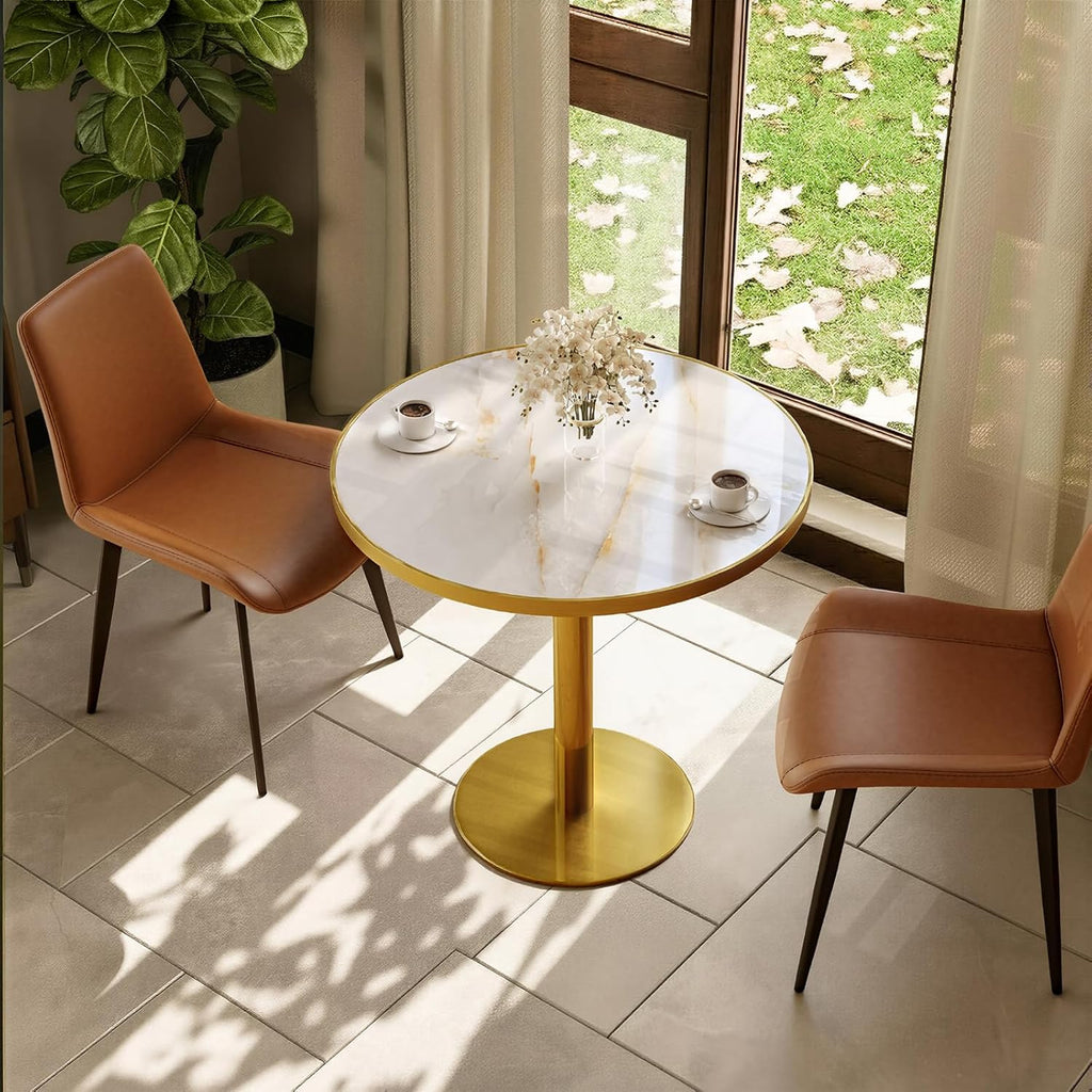 31.5" Round Tulip Table with 1.2" Thick Gold Vein Onyx Sintered Stone Top (Marble Look) & Brushed Gold Frame, Modern Luxury Dining Table for 2-4 People for Kitchen Nook, Café & Patio