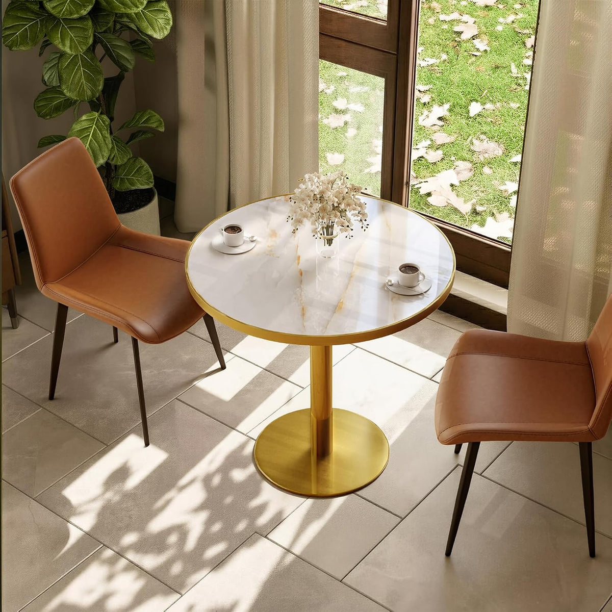 31.5" Round Tulip Table with 1.2" Thick Gold Vein Onyx Sintered Stone Top (Marble Look) & Brushed Gold Frame, Modern Luxury Dining Table for 2-4 People for Kitchen Nook, Café & Patio