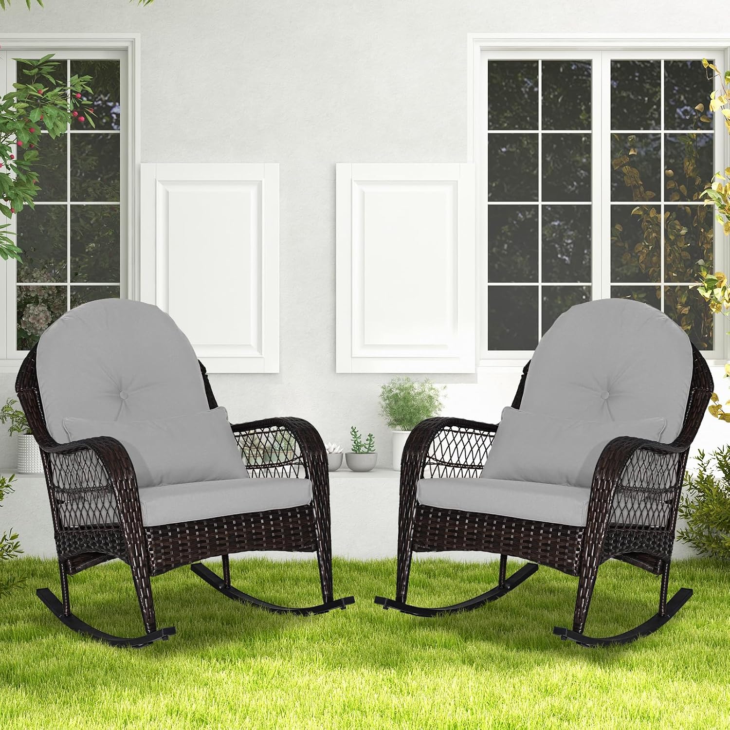 Tangkula Outdoor Wicker Rocking Chair, Patio Rattan Rocker with Seat Back Cushions & Waist Pillow, Sturdy Metal Frame, Mix Brown Outdoor Rocker for Balcony, Porch, Backyard