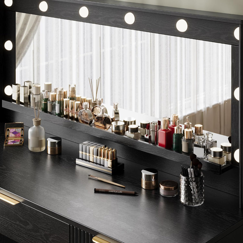 Fluted Makeup Vanity Desk with Large 39.3" Mirror and Lights, 48.8" Wood Vanity, Large Vanity Dressing Table, Modern Wooden Vanity Table for Women and Girls, Bedroom or Dorm (Inky Black)