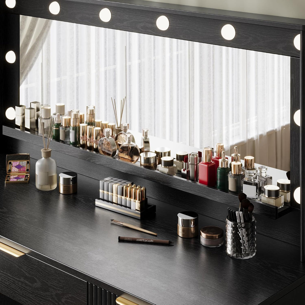 Fluted Makeup Vanity Desk with Large 39.3" Mirror and Lights, 48.8" Wood Vanity, Large Vanity Dressing Table, Modern Wooden Vanity Table for Women and Girls, Bedroom or Dorm (Inky Black)
