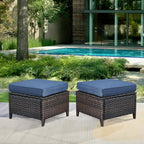 Patio Ottomans Set of 2 Outdoor Ottomans Wicker Foot Stools 2 Piece Footrest PE Rattan Ottomans with Thickened Cushions for Patio Garden Porch Balcony Poolside Deck, Brown|Blue