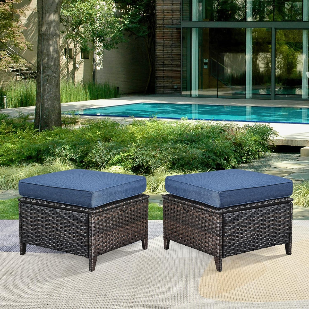 Patio Ottomans Set of 2 Outdoor Ottomans Wicker Foot Stools 2 Piece Footrest PE Rattan Ottomans with Thickened Cushions for Patio Garden Porch Balcony Poolside Deck, Brown|Blue