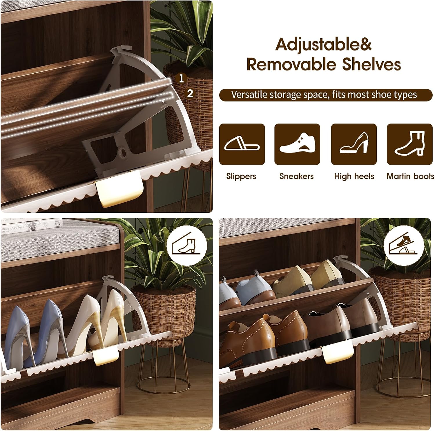 Maupvit Fluted Shoe Bench with 2 Flip-Drawers, 39.4" Narrow Entryway Bench with Shoe Storage and Seat Cushion, Adjustable Shelf, Walnut Hidden Shoe Rack Bench for Front Door Entrance, Hallway
