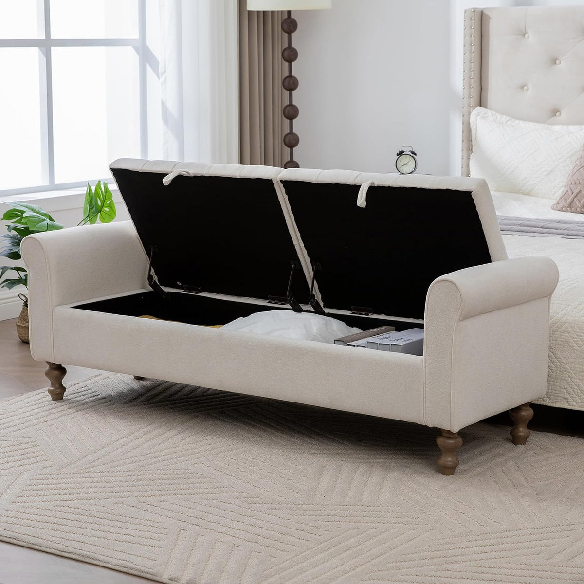 66" End of Bed Storage Bench King Size Beige,Napped Fabric Window Bench with Dual-Opening Compartments,Long Tufted Storage Bench Living Room,Bedroom,Entryway