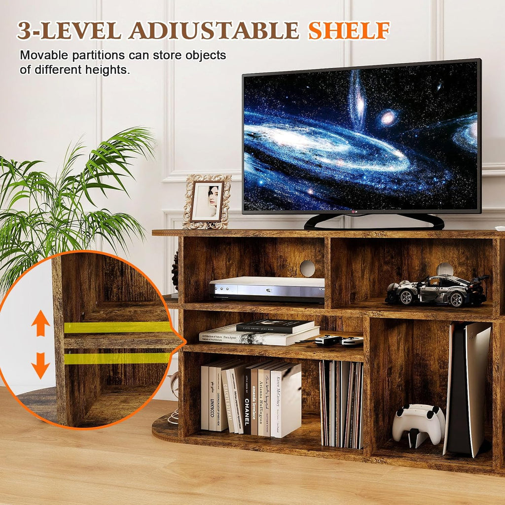 Solid Wood TV Stand for Living Room, Entertainment Center with Storage, TV Console, Adjustable Open Shelves&Wire Holes&Anti-Collision, Television Stands for Bedroom and Office