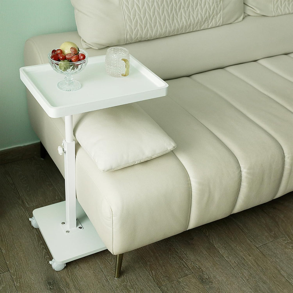 YYW Adjustable C-Shaped End Table with Removable Wheels & Convertible Base - 360° Swivel Height-Adjustable (17.7"-31.5") Sofa/Bedside Table, Minimalist Solid Colors for Modern Spaces (White)