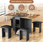 furlinkhm Folding Dining Table Set for 4, Dinner Table with 4 Leather Chairs and Shelves, Space Saving Foldable Dining Table with 6 Wheels, Kitchen Table for Small Spaces, Walnut