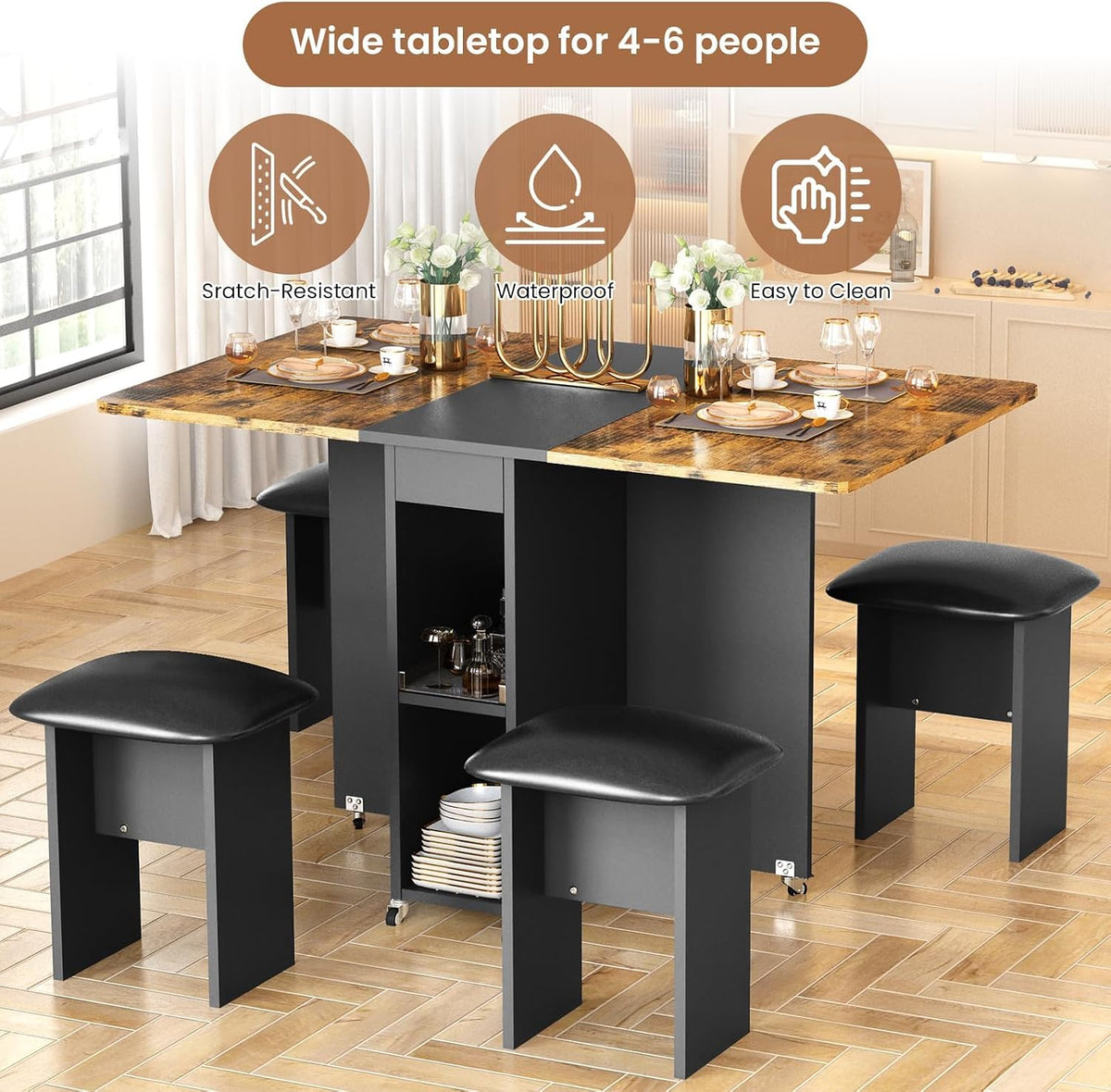 furlinkhm Folding Dining Table Set for 4, Dinner Table with 4 Leather Chairs and Shelves, Space Saving Foldable Dining Table with 6 Wheels, Kitchen Table for Small Spaces, Walnut