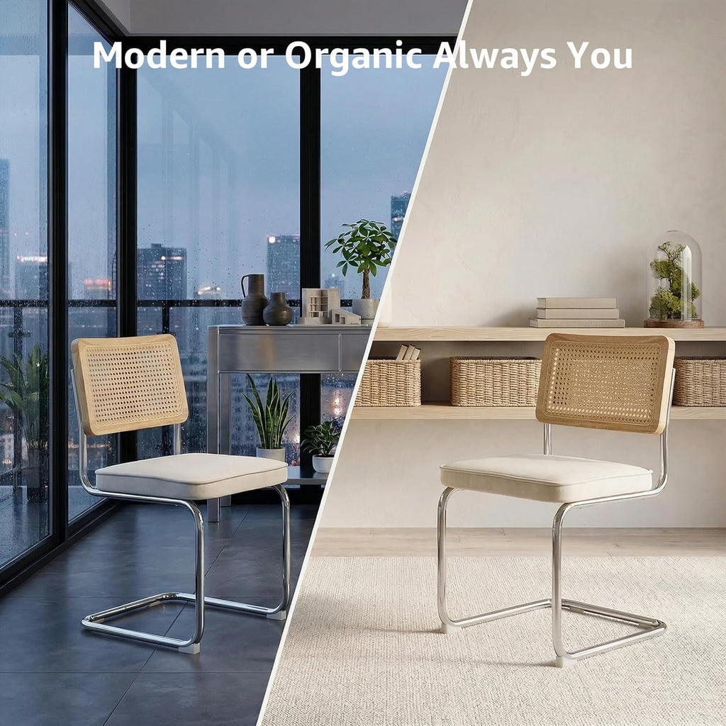Rattan Dining Chairs Set of 4, Mid-Century Modern Dining Room Chairs with Cane Back, Velvet Upholstered Seat & Chrome Cantilever Frame, Sillas de Comedor, Kitchen & Dining Room Chairs (Beige)