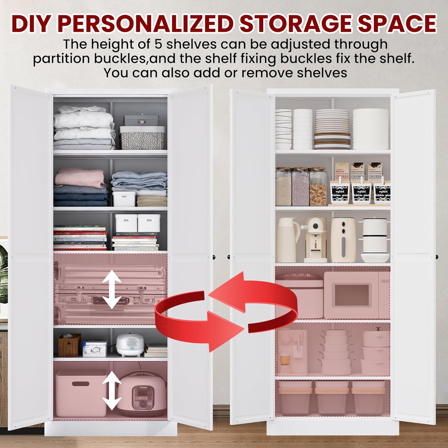 AQY Metal Pantry Cabinet with Doors & Shelves, 61” Tall White Kitchen Storage Cabinet, Freestanding Pantry Organizer for Kitchen, Living Room, Garage, Adjustable Shelves, Heavy-Duty Steel Storage Cabi