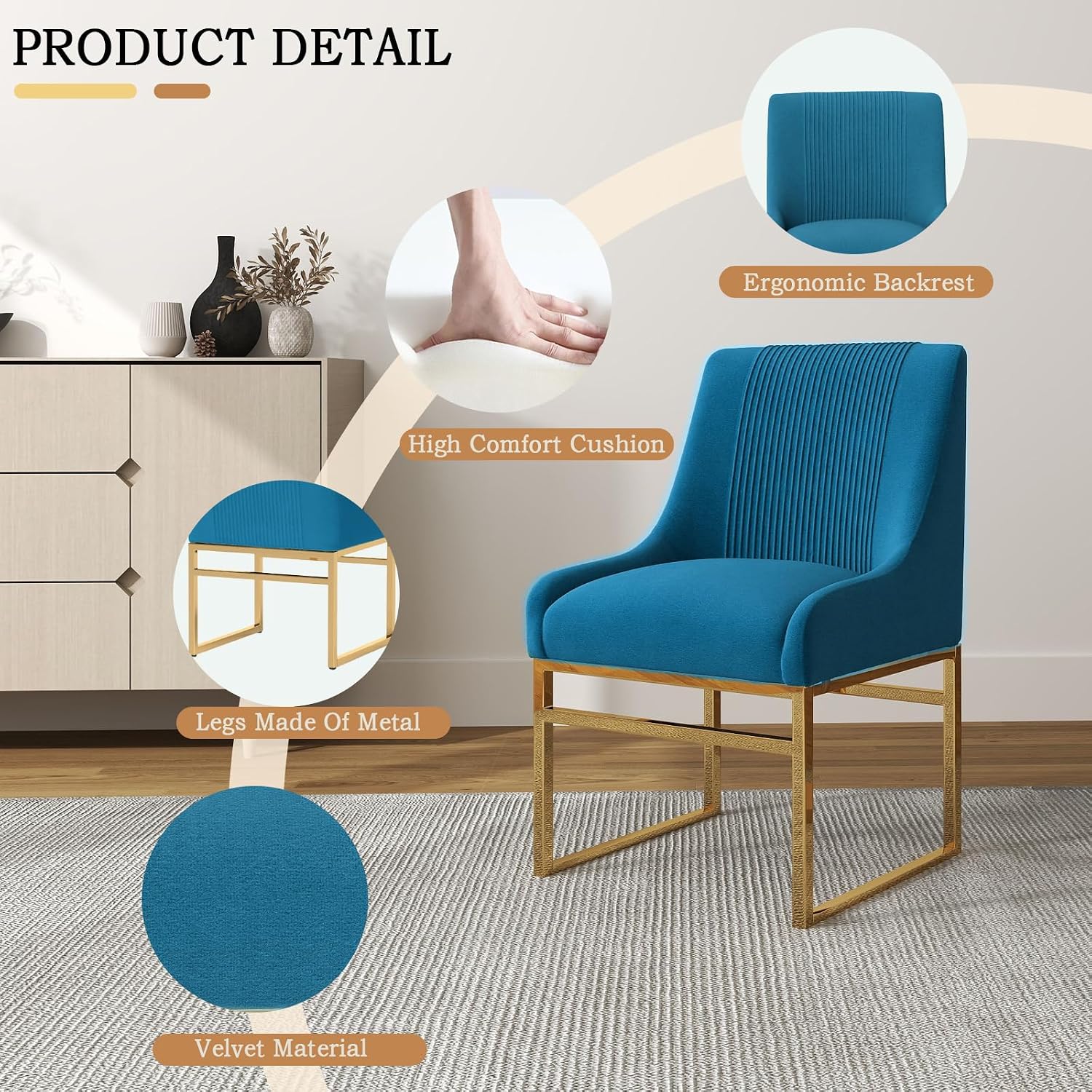Kitchen & Dining Room Chairs Set of 2 Mid Century Modern Dining Chairs Upholstered Dining Chairs with Polished Gold Finish Metal Frame-Gold Base Velvet.