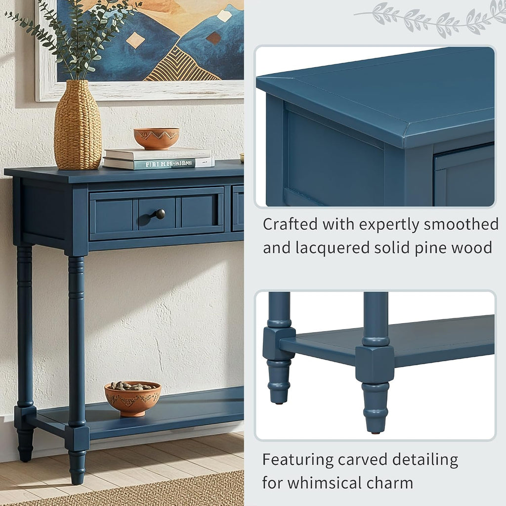 P PURLOVE Console Table Sideboard Wooden Sofa Table with 2 Drawers and Bottom Shelf (Dark Navy)