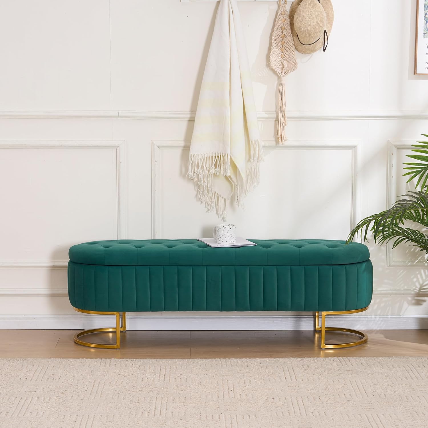 Velvet Storage Bench for Bedroom, Modern Tufted End of Bed Bench for King Size Bed, Upholstered Long Ottoman Bench with Gold Legs for Living Room/Entryway (Green, 55" W)