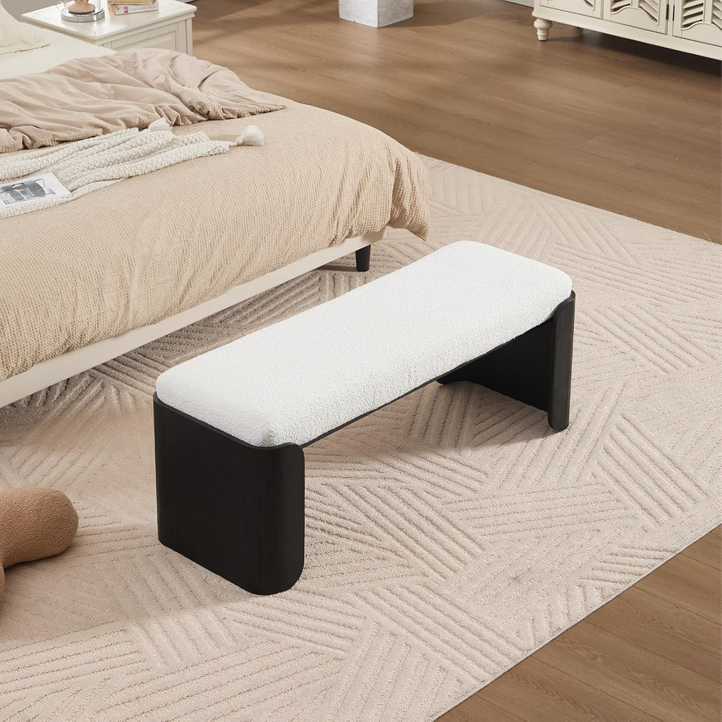 DUOMAY Modern White Sherpa Bedroom Bench, 49" Wide Long Entryway Bench with Solid Wood Legs Upholstered Dining Bench Ottoman for Living Room Indoor