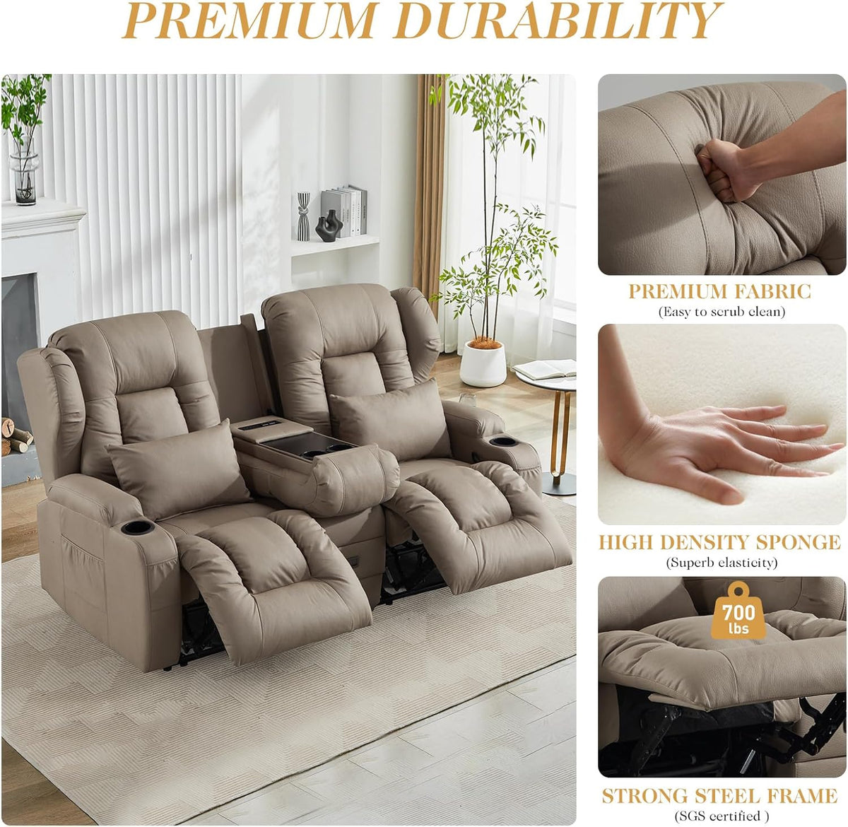 Loveseat Recliner Sofa,RV Wall Hugger Recliners for Small Spaces,Reclining Loveseat Sofa Recliner with Cup Holders/Lumbar Pillows,RV Furniture (Khaki, Loveseat with Flip-up Console)