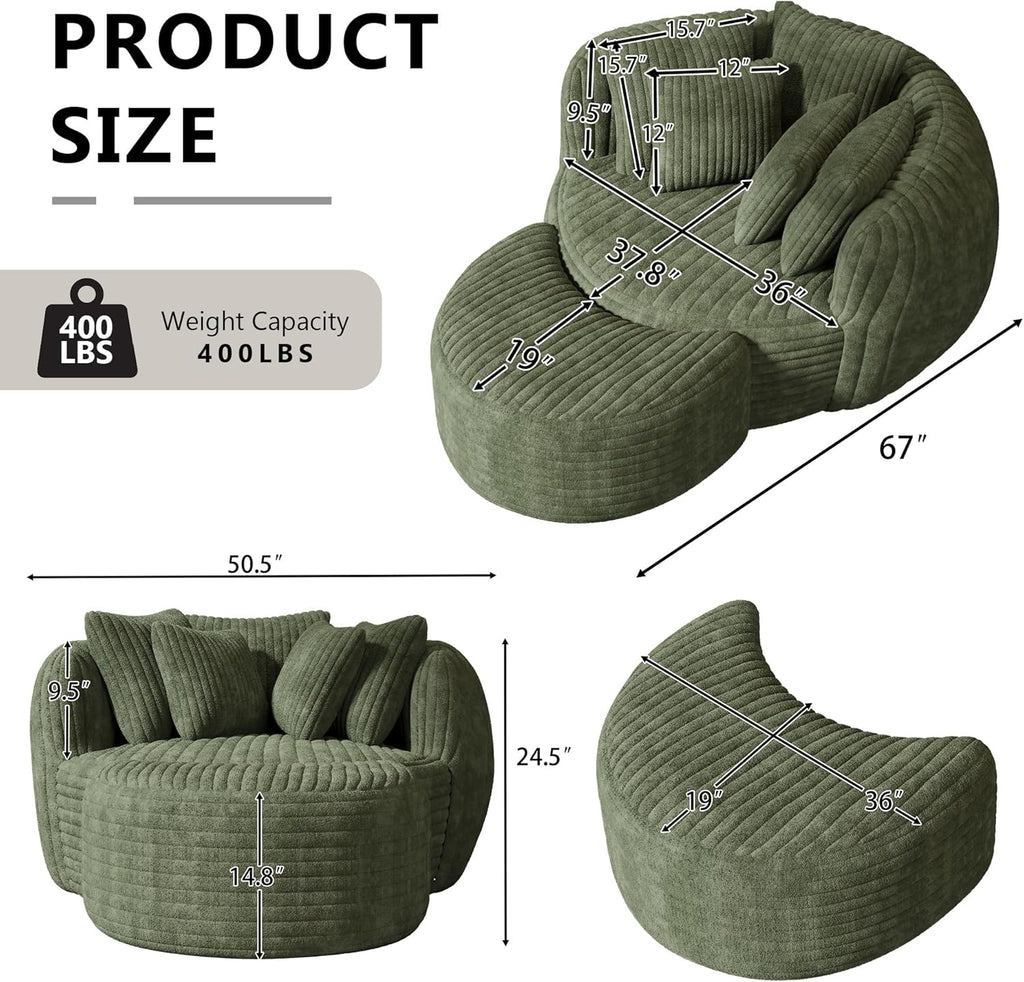 DAMAIFROM 50.5" W x 67" D Oversized Chaise Lounge Chair with Ottoman,Green | 38D Sponge,Round Reading Chair Luxury Plush Cloud Circle Sleeper for Living Room Bedroom, 5 Pillows,Corduroy