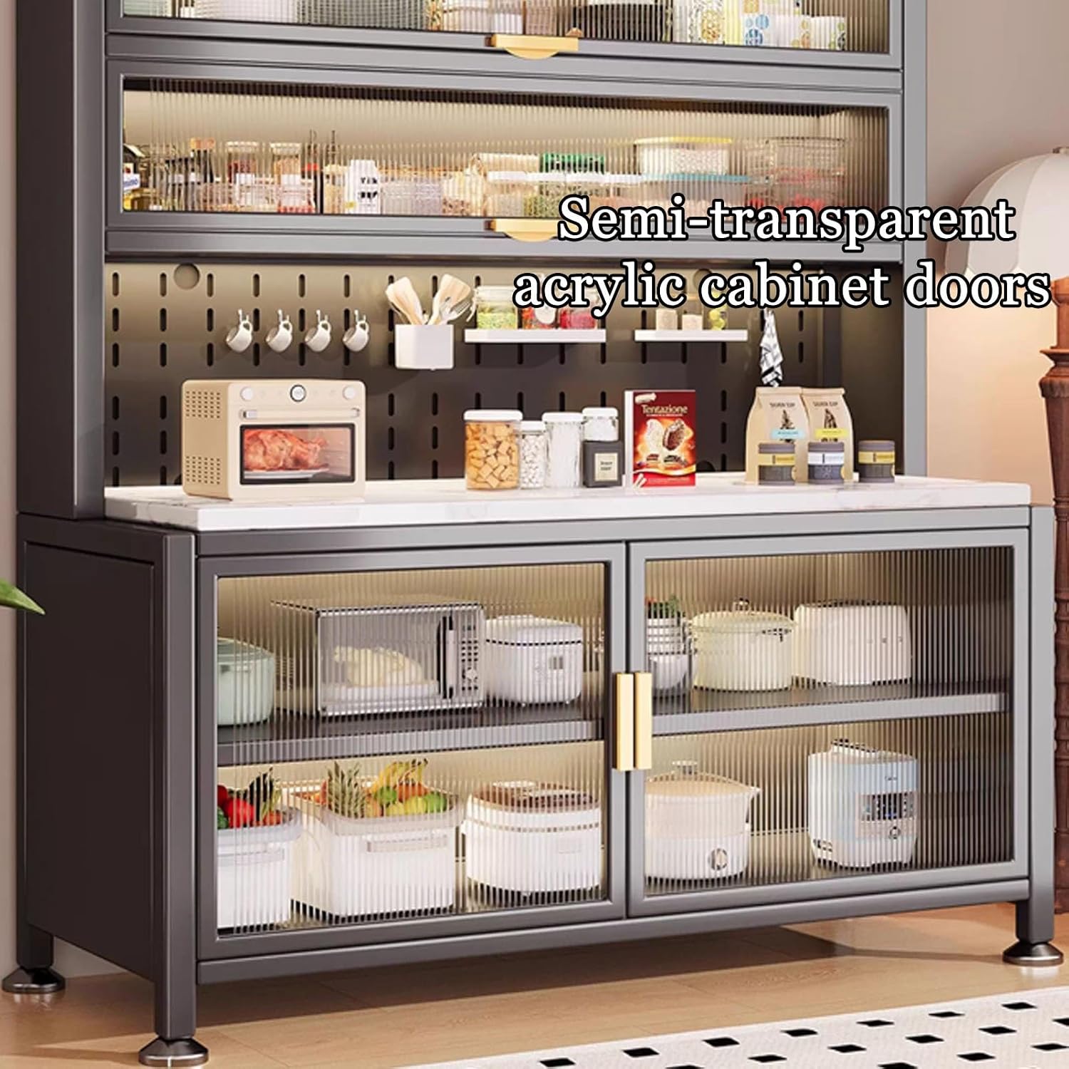 JKGHK Kitchen Pantry Storage Cabinet, Kitchens Baker's Rack with Acrylic Cabinet Door, Buffet Cabinets On Wheels with Pegboard, for Garage Pantry Home Spices(White,47x69in)
