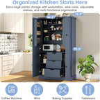 71" H Large Kitchen Pantry with 4 Doors, Freestanding Buffet with 3 Drawers, 6 Door Shelves and 6 Wine Racks, Wooden Storage Cabinet with Adjustable Shelves for Kitchen, Dining Room, Blue