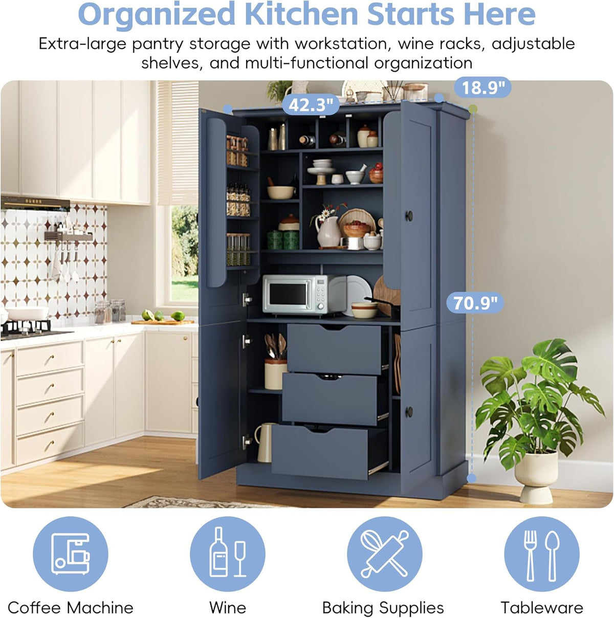 71" H Large Kitchen Pantry with 4 Doors, Freestanding Buffet with 3 Drawers, 6 Door Shelves and 6 Wine Racks, Wooden Storage Cabinet with Adjustable Shelves for Kitchen, Dining Room, Blue