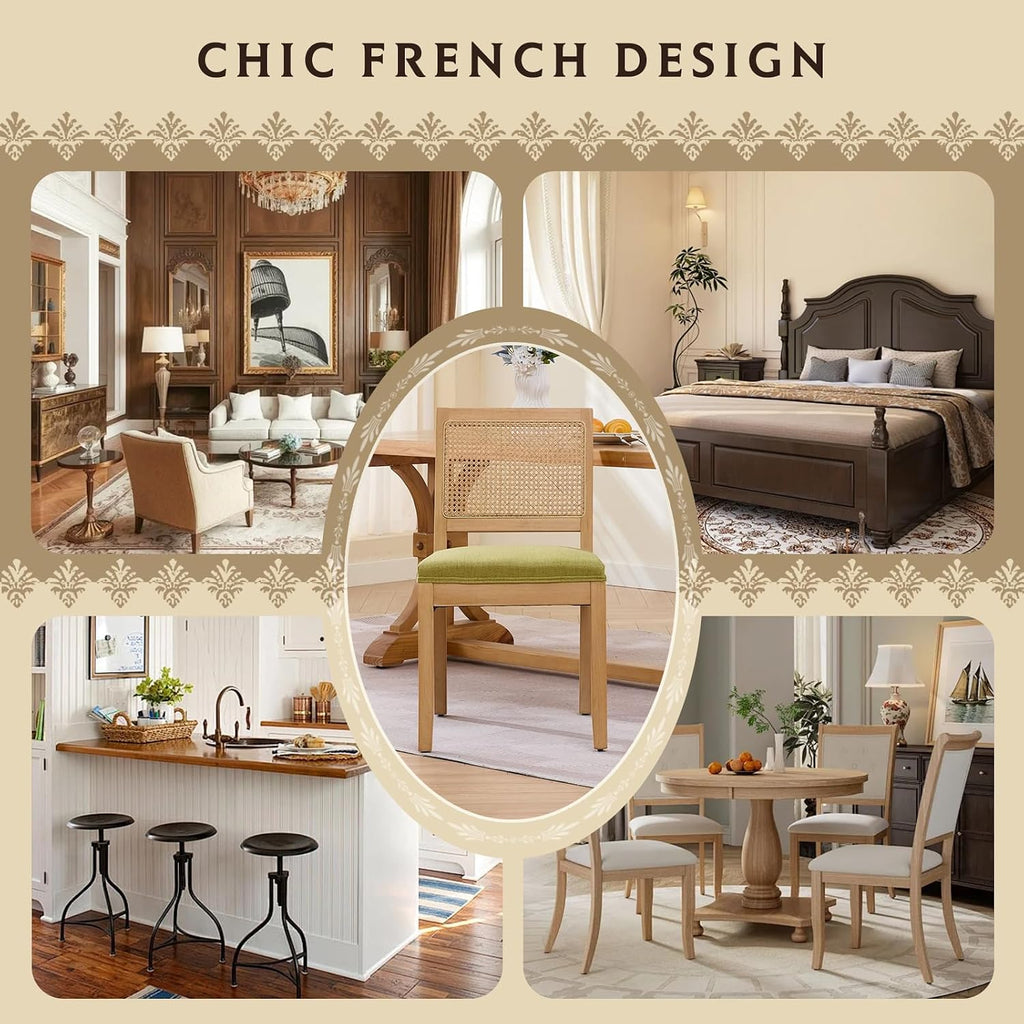 SoarFlash Kitchen French Dining Chairs Set of 4, Vintage Dining Chairs with Rattan Backrest, Wooden Framehouse Chairs for Living Room, Restaurant, Green