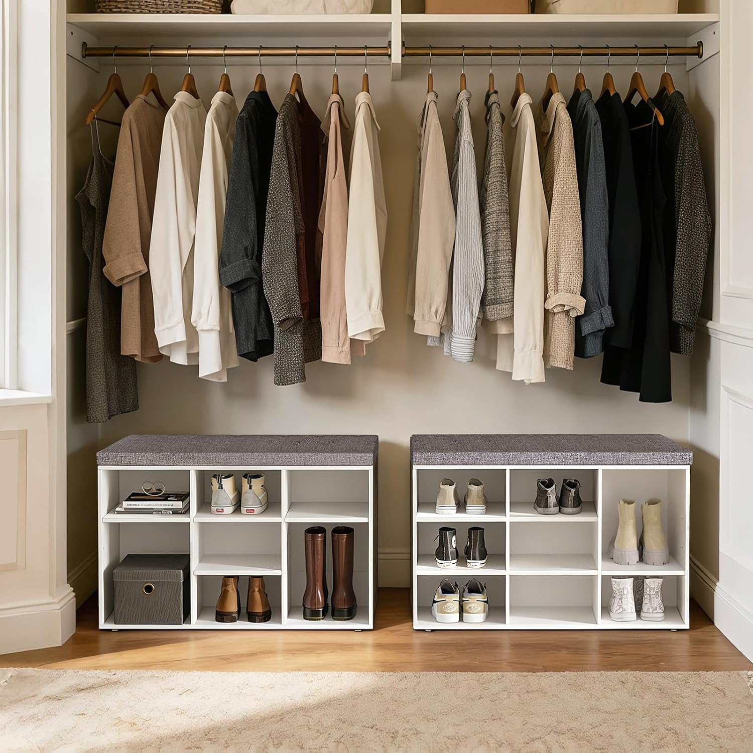DINZI LVJ Shoe Storage Bench with Cushion, Cubby Shoe Rack with 9 Cubbies, Adjustable Shelves, Multifunctional Shoe Organizer Bench for Entryway, Mudroom, Hallway, Closet and Garage, White